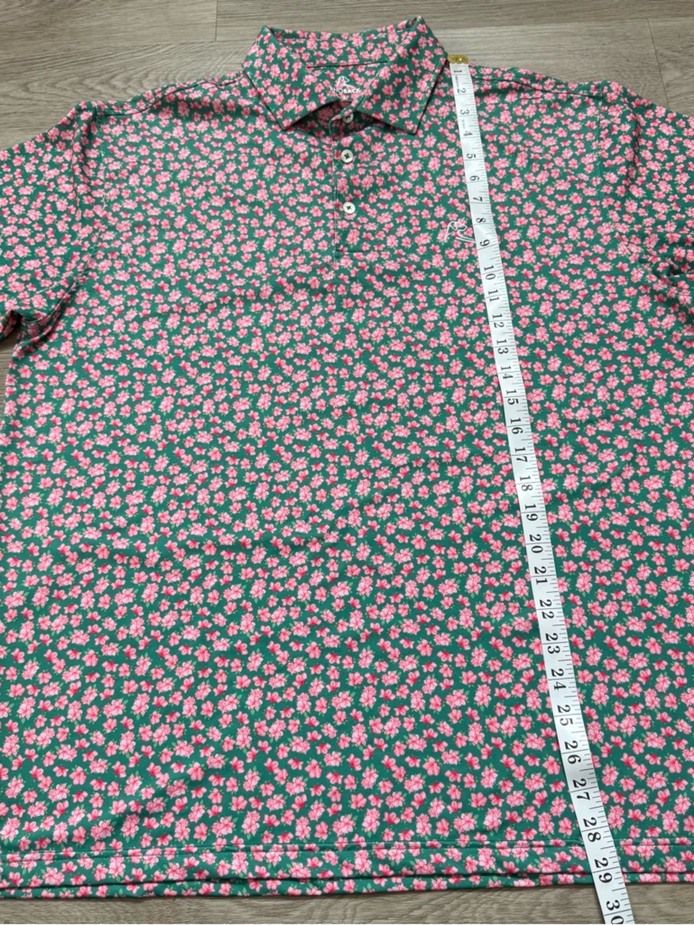 Rhoback Golf Polo Shirt Mens L Green Pink Azalea Flowers Floral Masters Print - Picture 6 of 7
